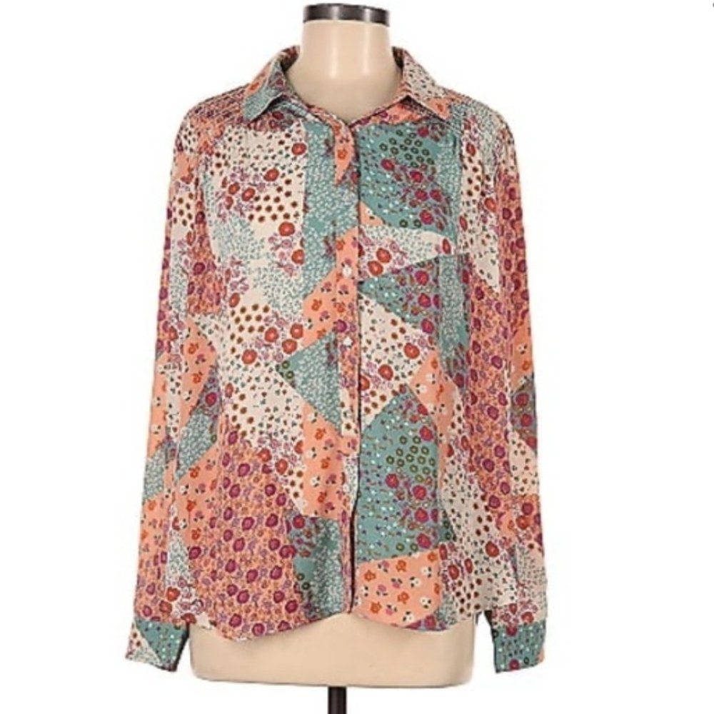Rose + Olive Boho Patchwork Floral Button Down Se… - image 1